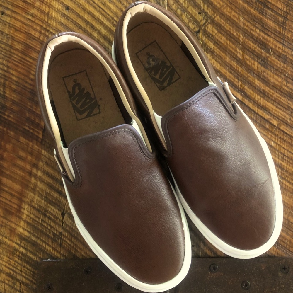 Brown leather vans RARE slip on unisex